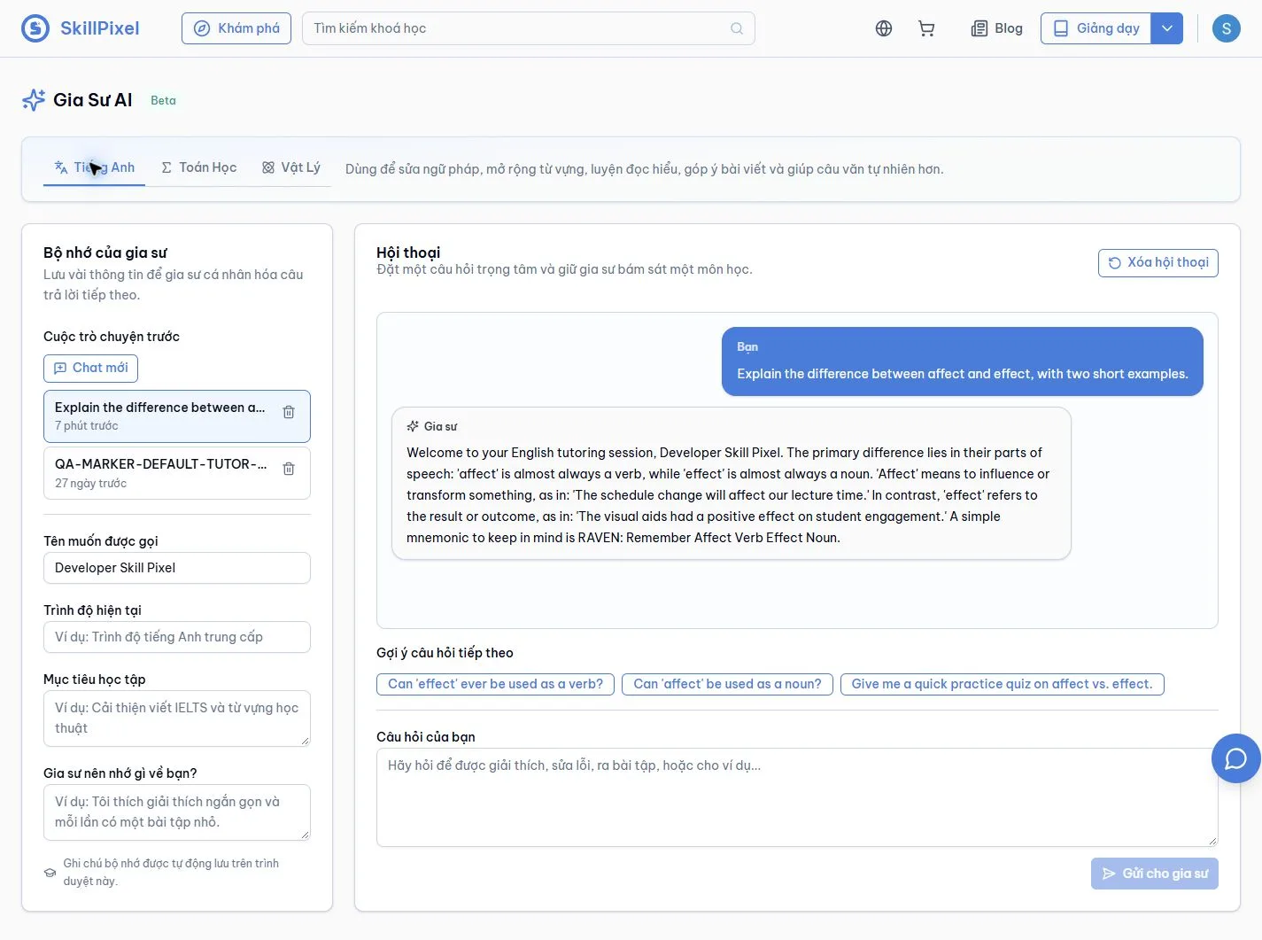 AI English tutor on the main SkillPixel beta tenant