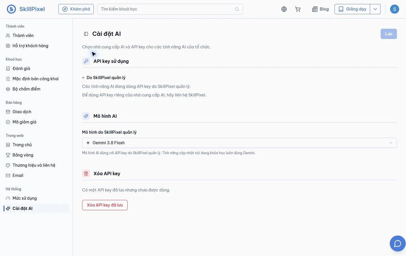 AI model settings on the main SkillPixel beta tenant