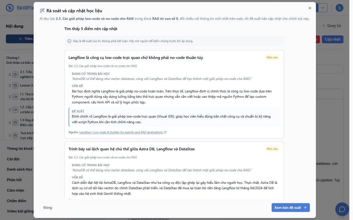 AI content review with sources on the main SkillPixel beta tenant