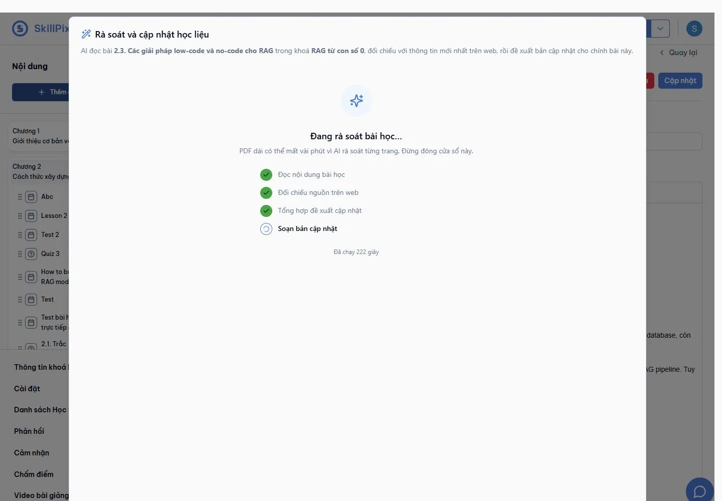 AI reviewing a lesson on the main SkillPixel beta tenant