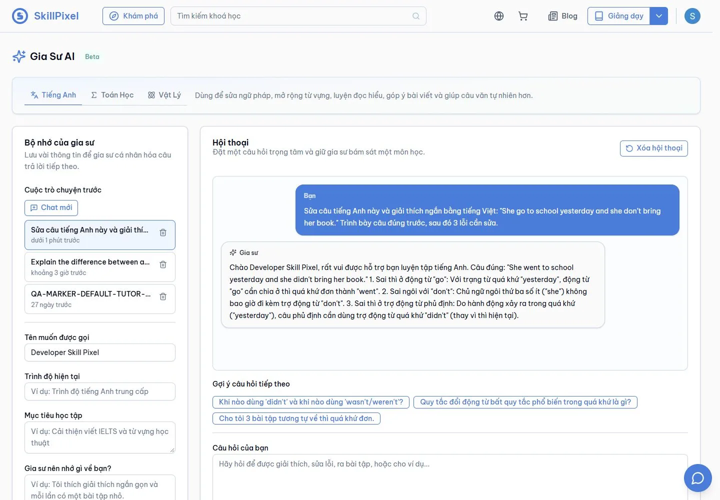 AI corrects a learner sentence on the main SkillPixel beta tenant