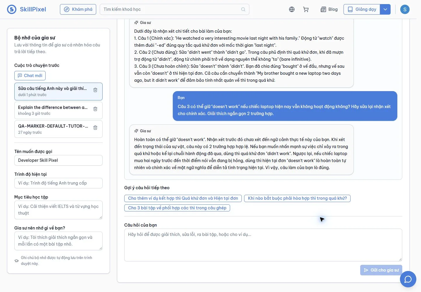 AI revises feedback after a clarification on the main SkillPixel beta tenant