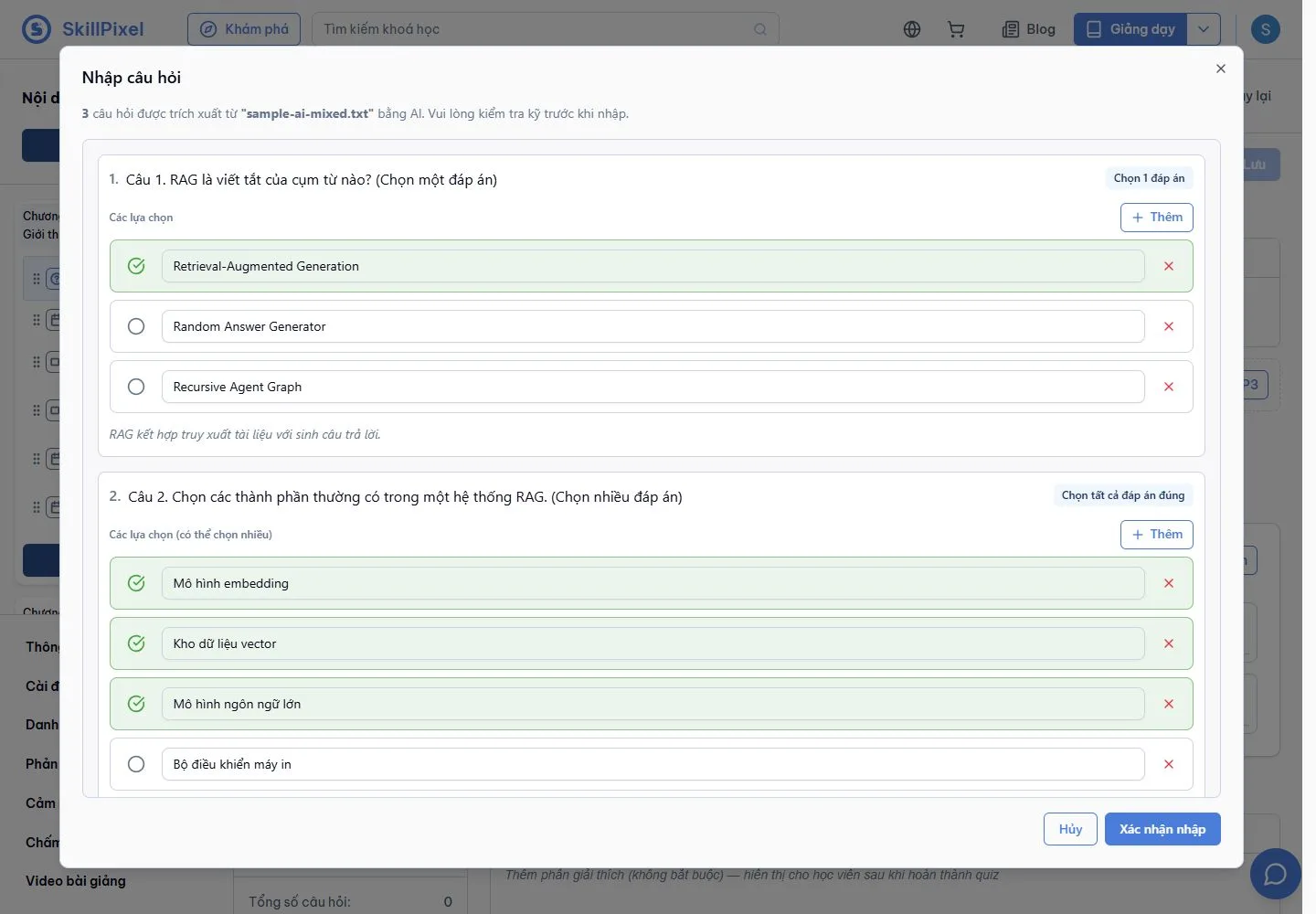AI extracts different question types on the main SkillPixel beta tenant