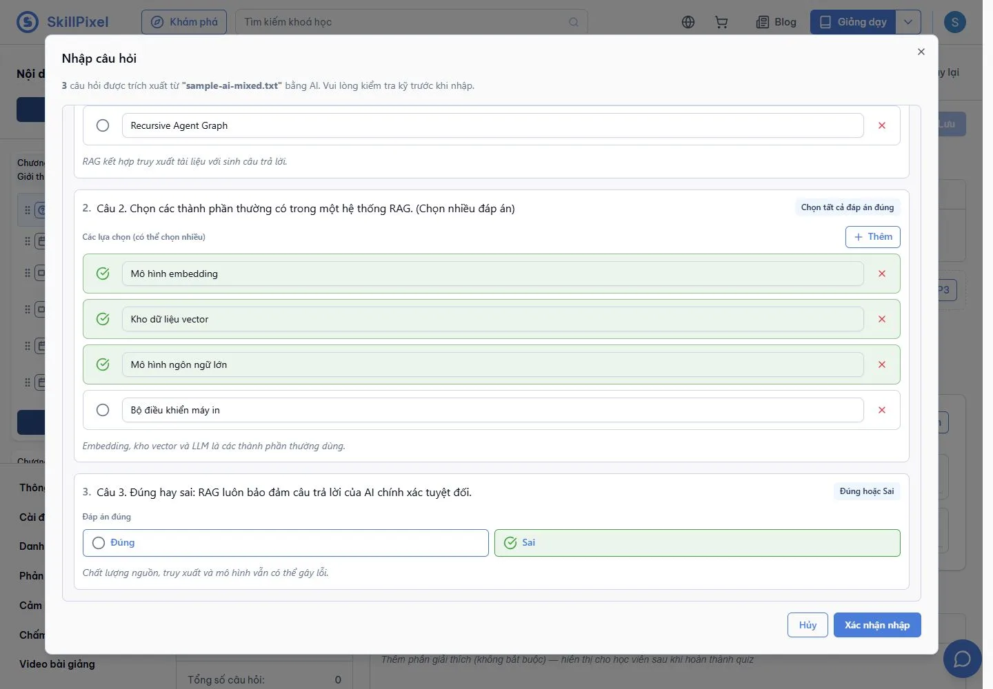 AI identifies answers and explanations on the main SkillPixel beta tenant
